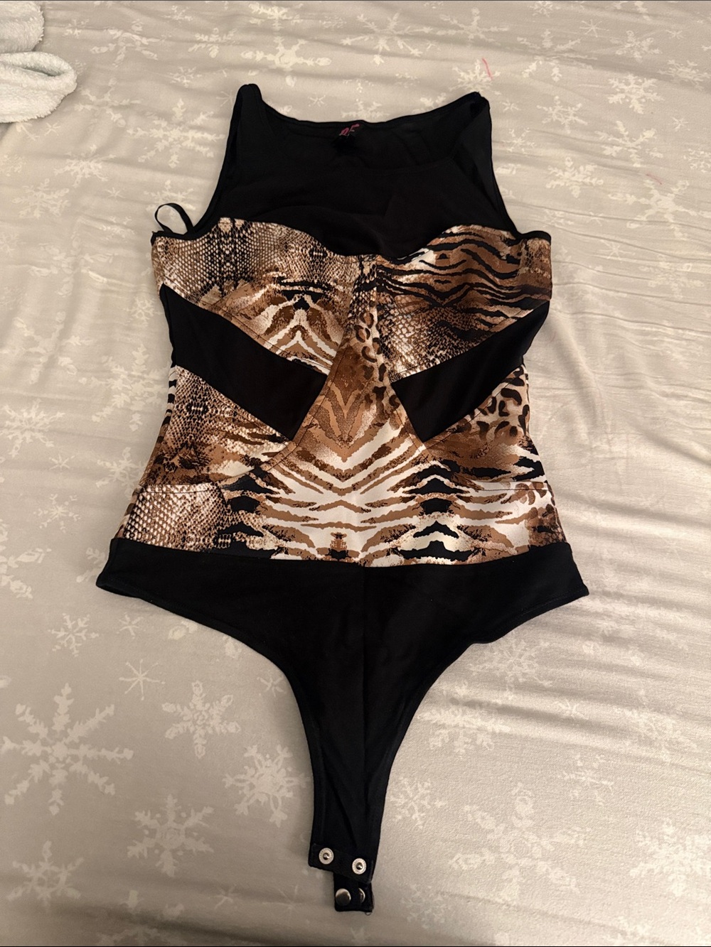2B Bebe Black Bodysuit with Brown Animal-Print Panel